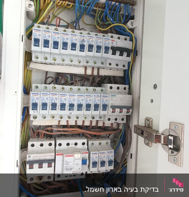 לוח חשמל עם מפסקים וחוטי חשמל צבעוניים